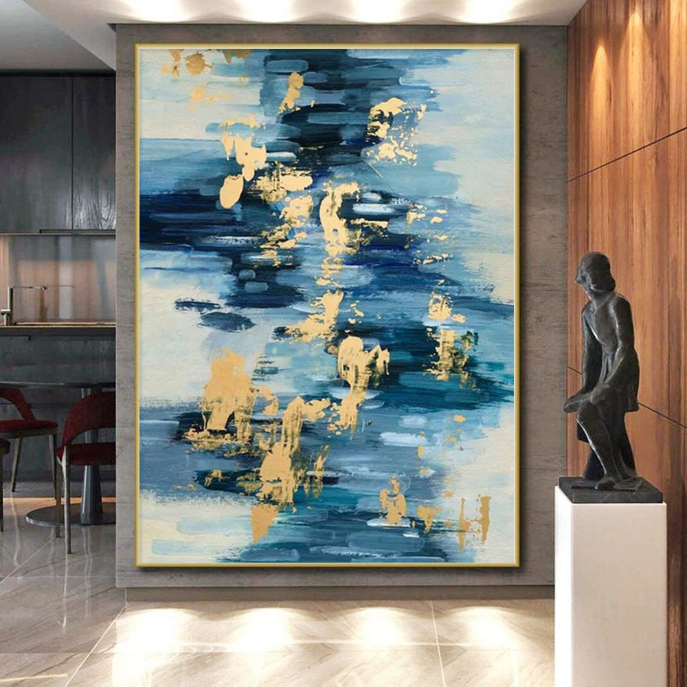 Hand-Painted Blue and Gold Abstract Painting with Brush Strokes, Acrylic Modern Art PT001