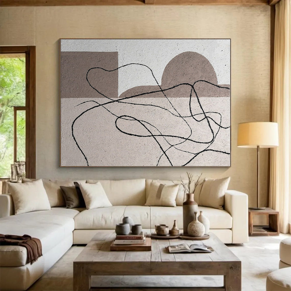Cool Abstract Paintings Beige, Brown, and Black Linear Abstract Art PT676