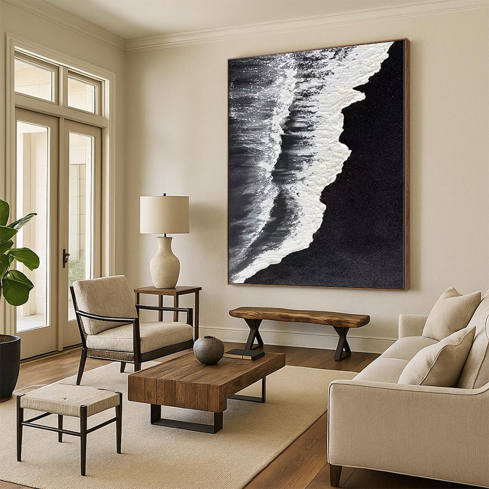 Minimalist Canvas Art Black and White Wave Abstract Sea Painting DPS418