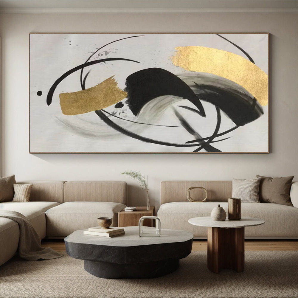 Modern Art Acrylic Black Gold White Abstract Art PT388