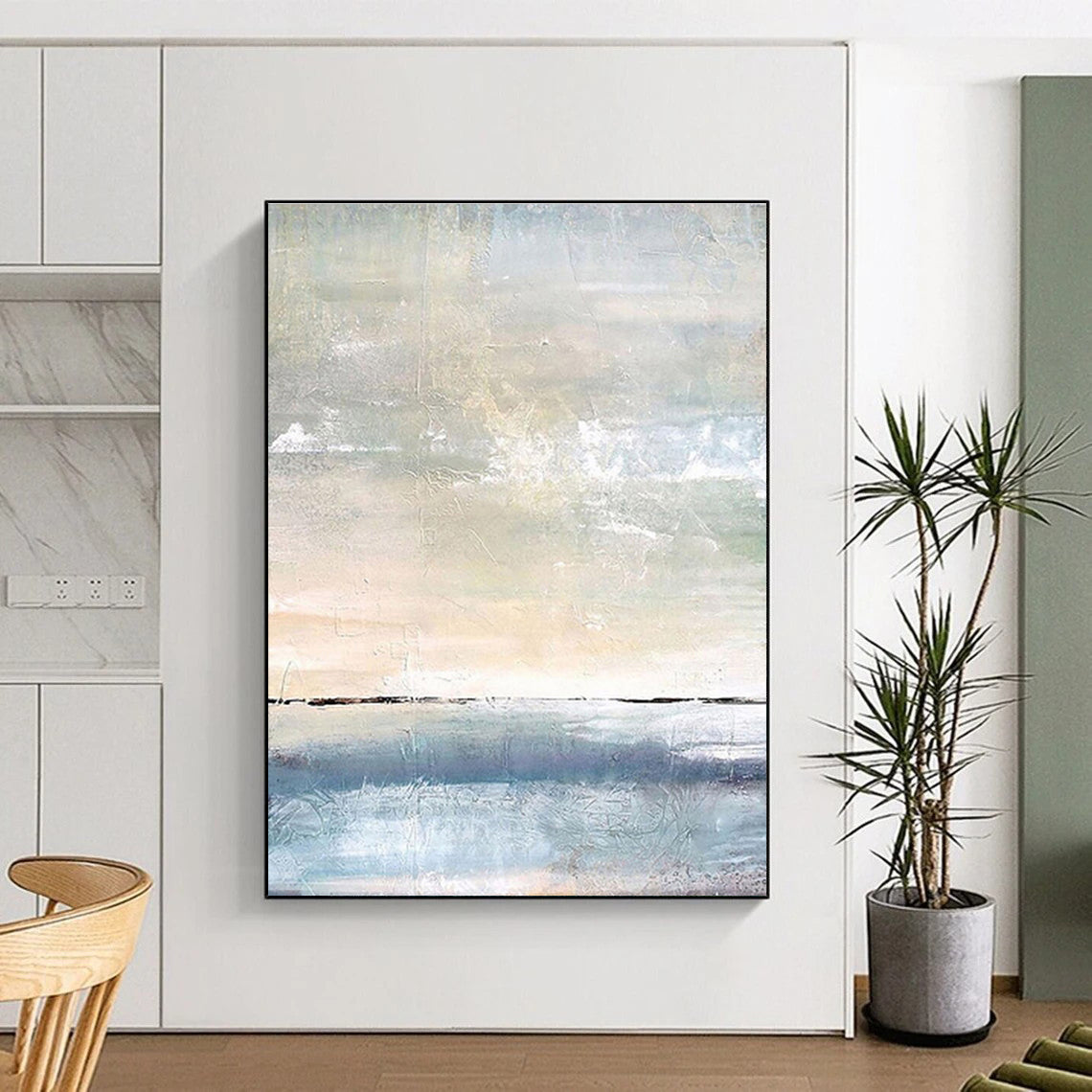 Large Contemporary Wall Art Blue, Beige, and Gray Textured Abstract Seaside Art DPS471