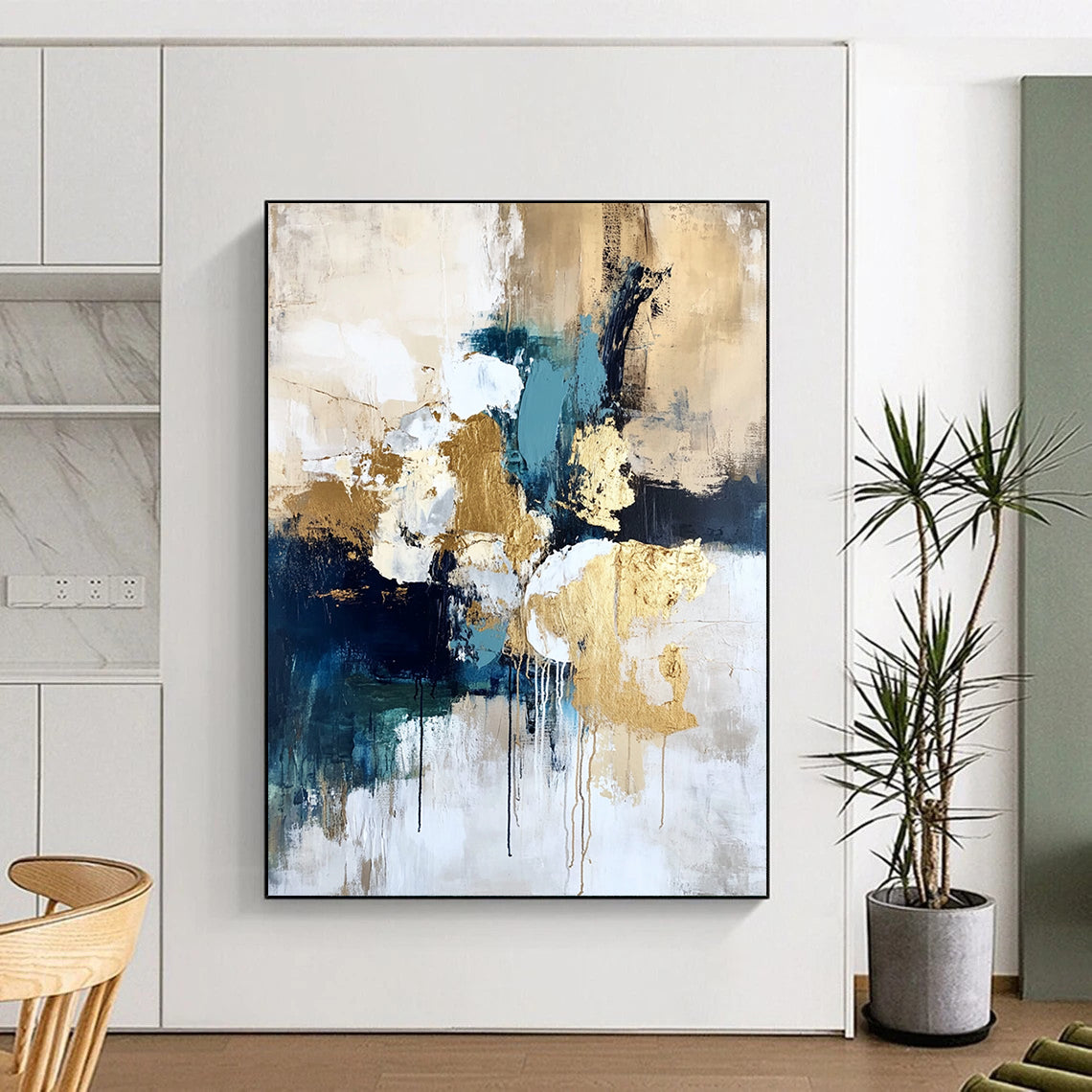 Abstract Canvas Wall Art Large, Gold Blue White Black Abstract Textured Art PT165