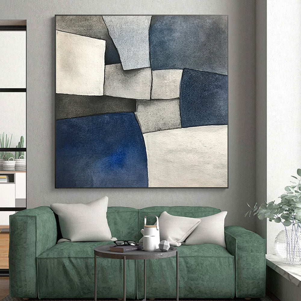 Custom Large Abstract Art For Living Room, Blue Gray White Geometric Abstract Art, Watercolor Painting PT139