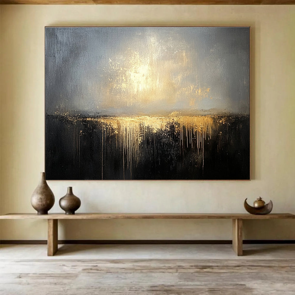Modern Art Acrylic Gray, Gold & Black Textured Landscape Abstract Painting HPS269