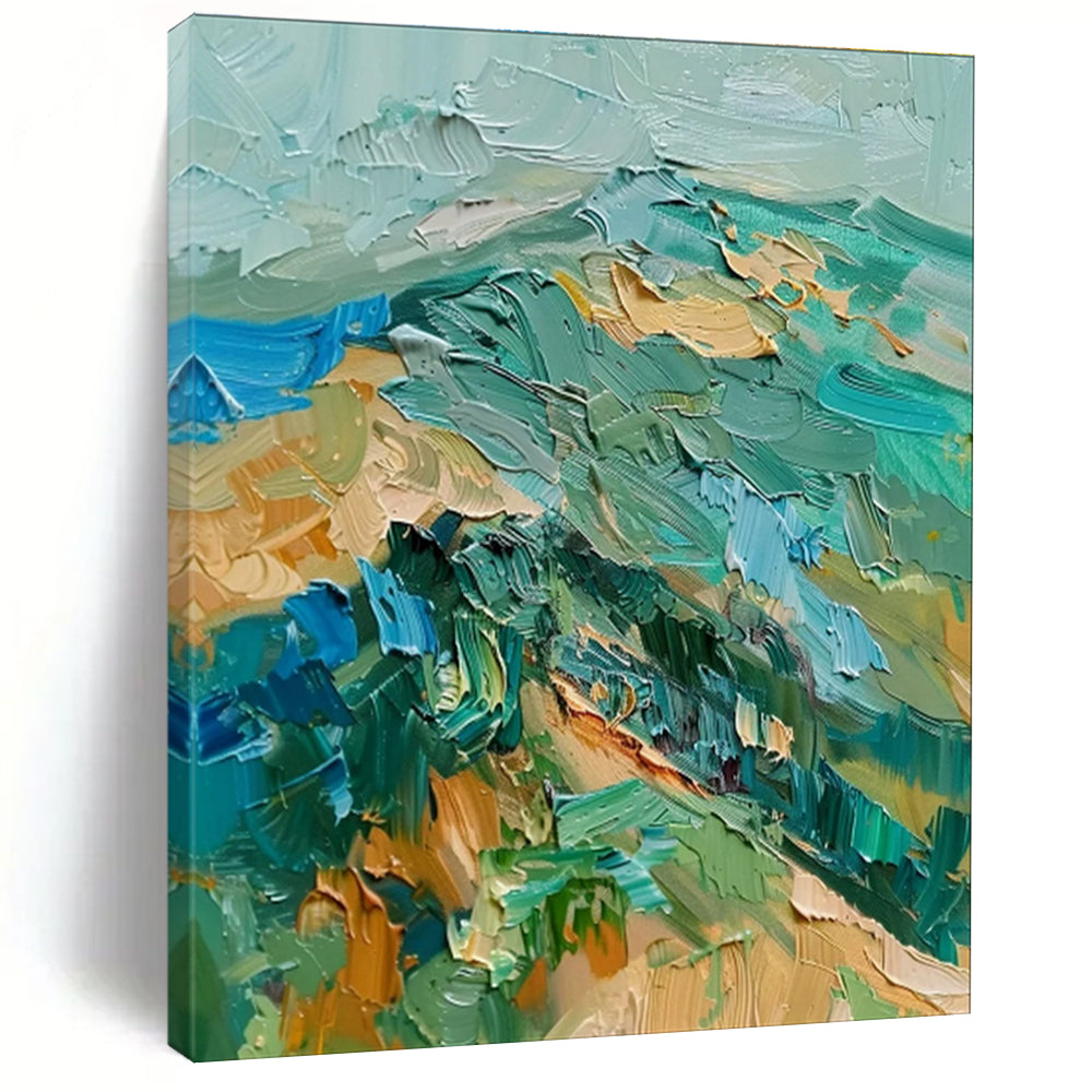 Handmade Art Teal, Green, and Beige Textured Landscape Abstract Art PT790