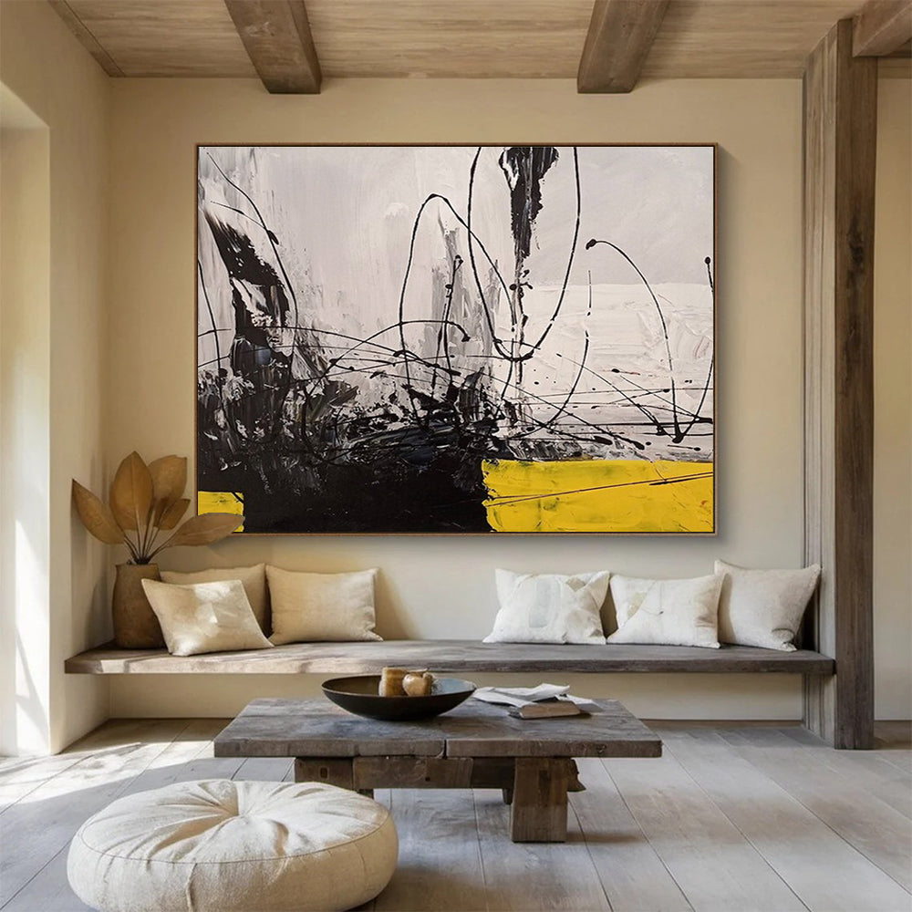Oversized Abstract Wall Art Black, White & Yellow Energetic Abstract Art HPS168