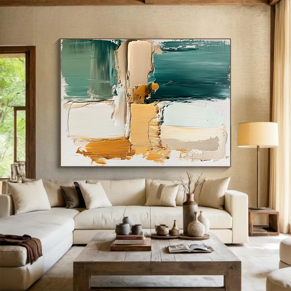 Big Abstract Painting On Canvas, Teal Beige Orange Abstract Textured Art On Canvas PT173