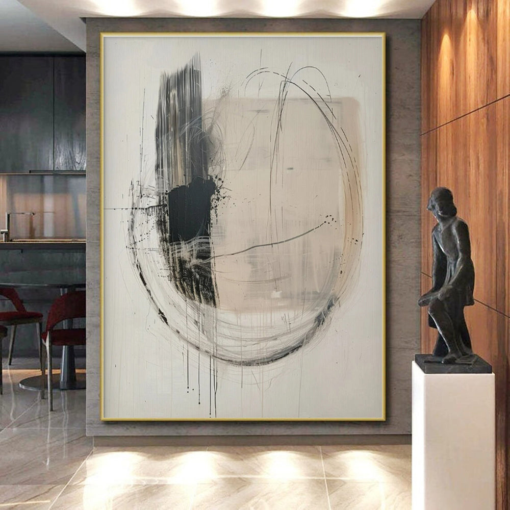 Hand Painting Black and Beige Circular Lines Abstract Acrylic Art PT621