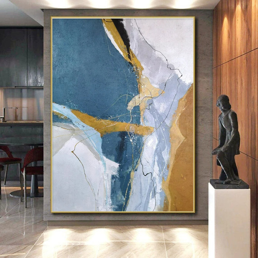 Cool Abstract Paintings Blue, Gold, and Gray Dynamic Abstract Art PT807