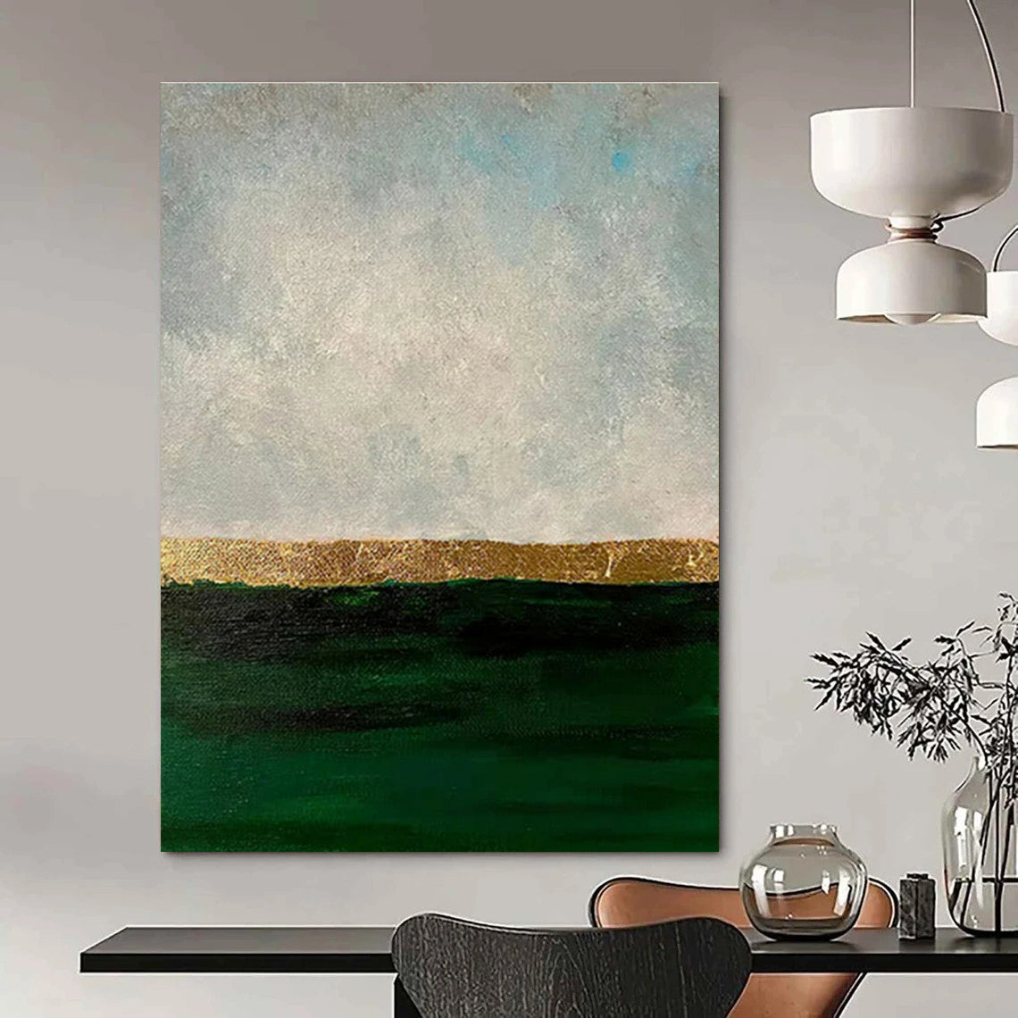 Huge Size Green, Gold, and White Textured Abstract Landscape Art DPS478