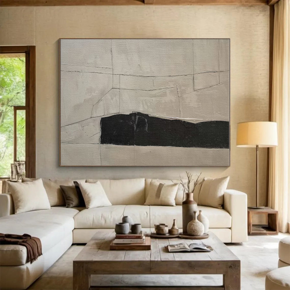 Modern Art Acrylic Beige Black Textured Abstract Art PT370