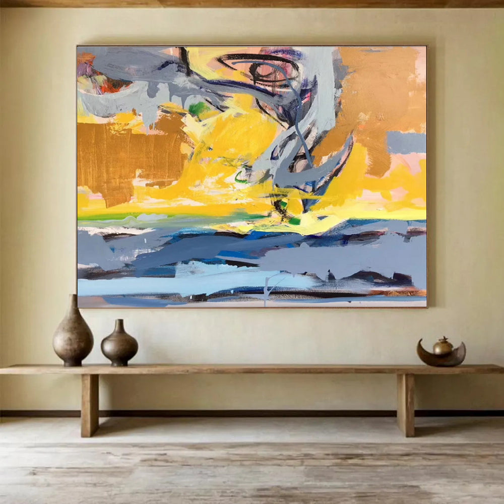 Modern Art Acrylic Yellow, Gray & Blue Abstract Energetic Art HPS189