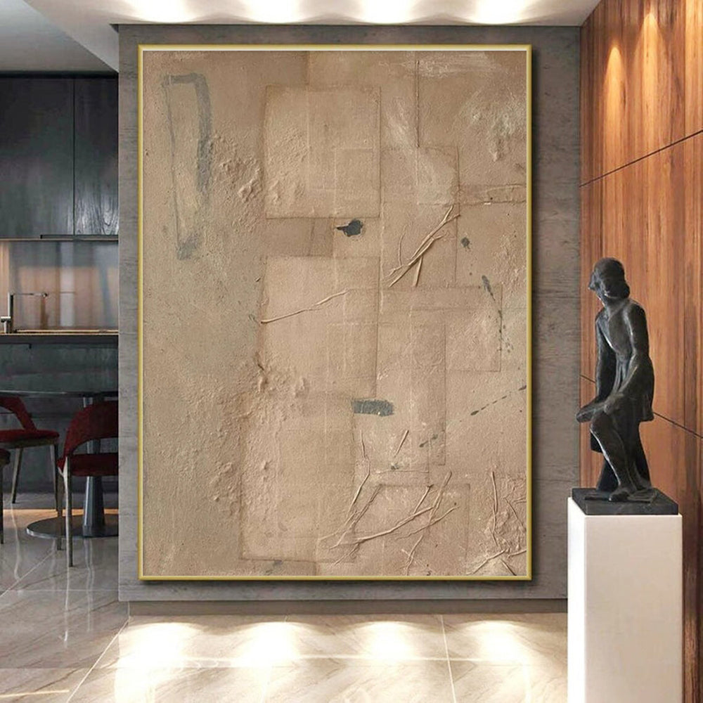 Hand Painted Art in Beige, Grey, and Black Textural Abstract Geometric Art PT257