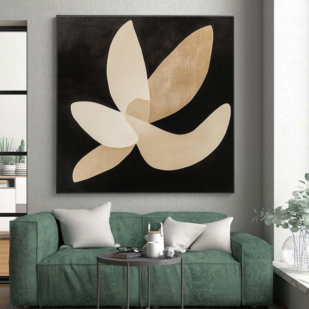 Hand Painted Art Beige and Black Abstract Floral Shapes, Modern Art Acrylic PT325