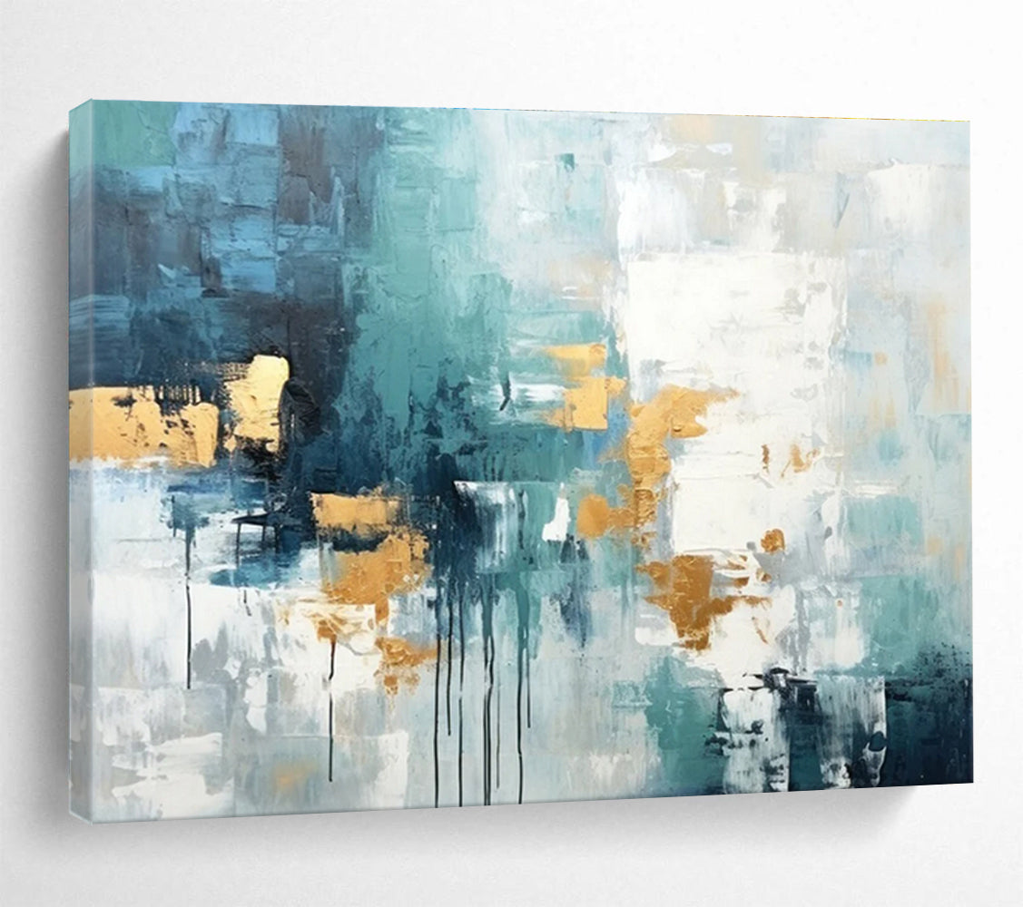 Acrylic Modern Art Paintings Teal, Gold & White Abstract Drip Art HPS204