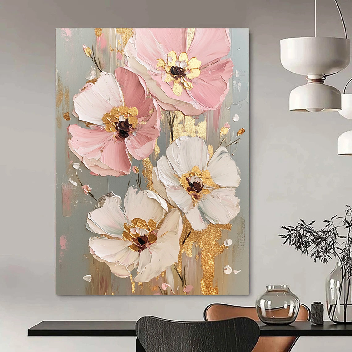 Hand Painted Art Pink, White, and Gold Floral Abstract Flower Painting DPS437
