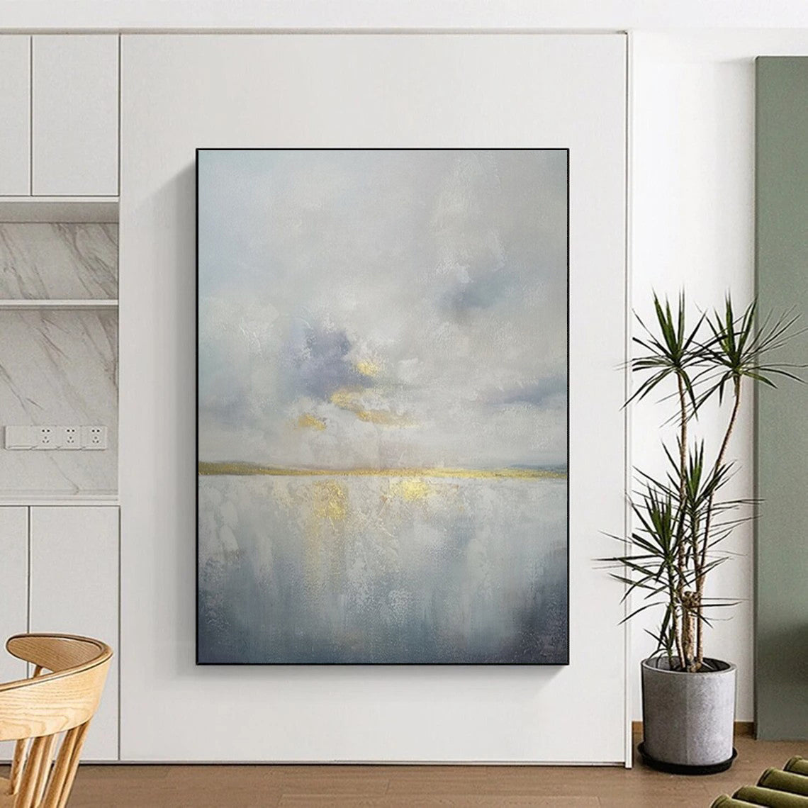 Large Size Gray, Blue, and Gold Textured Landscape Abstract Art PT773