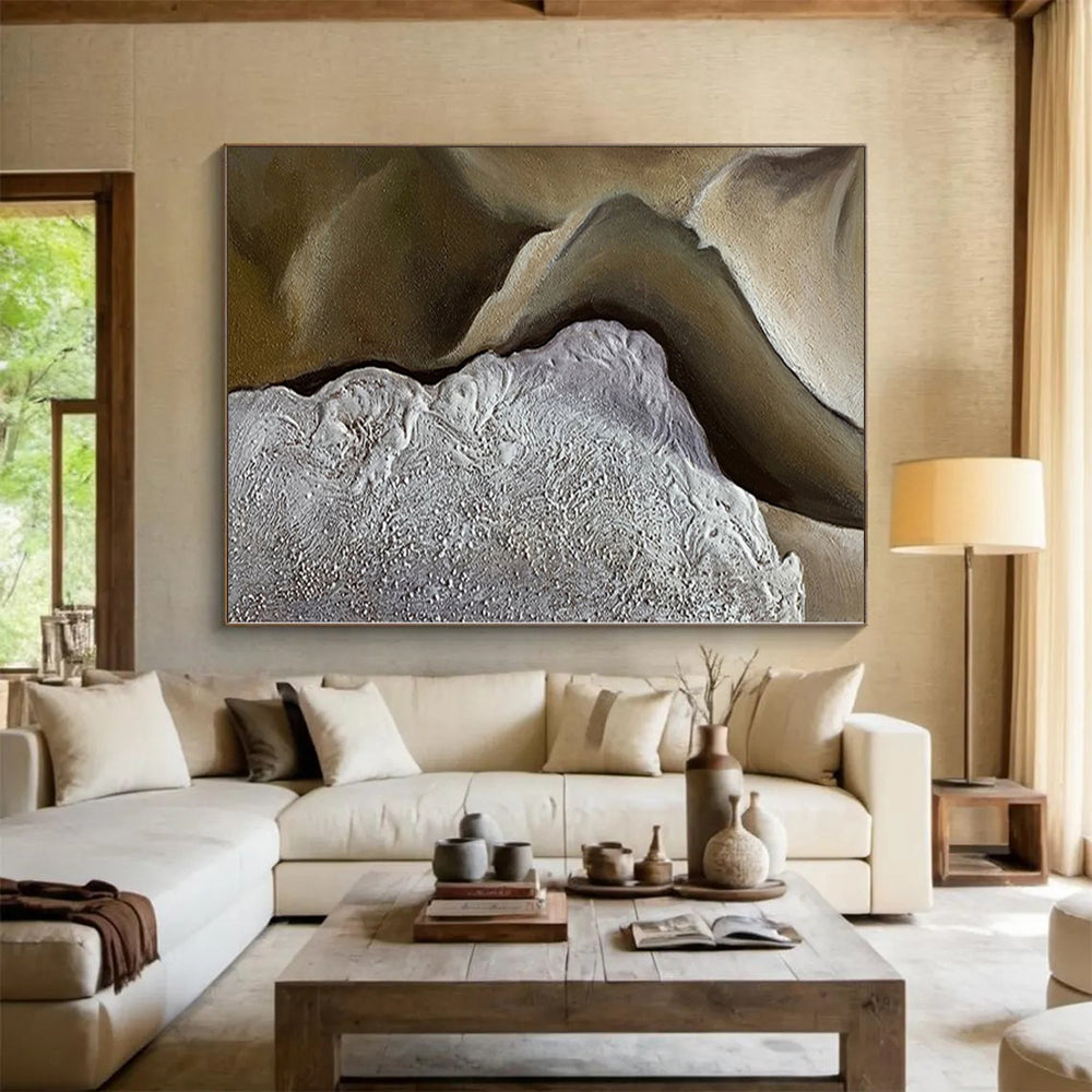 Large Size Abstract Painting with Beige and Gray Textured Forms, Large Painting In Living Room PT008