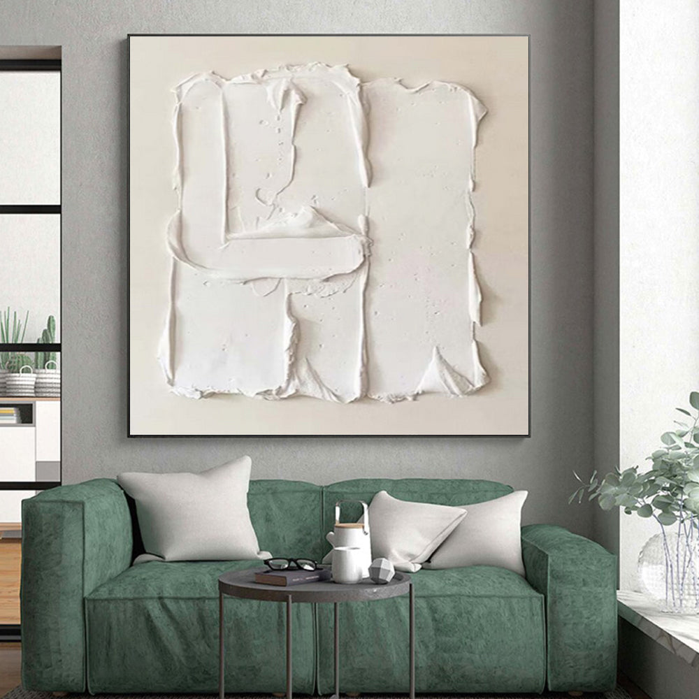 Handmade Art White Textured Abstract Geometric Piece, Acrylic Modern Art Painting PT326