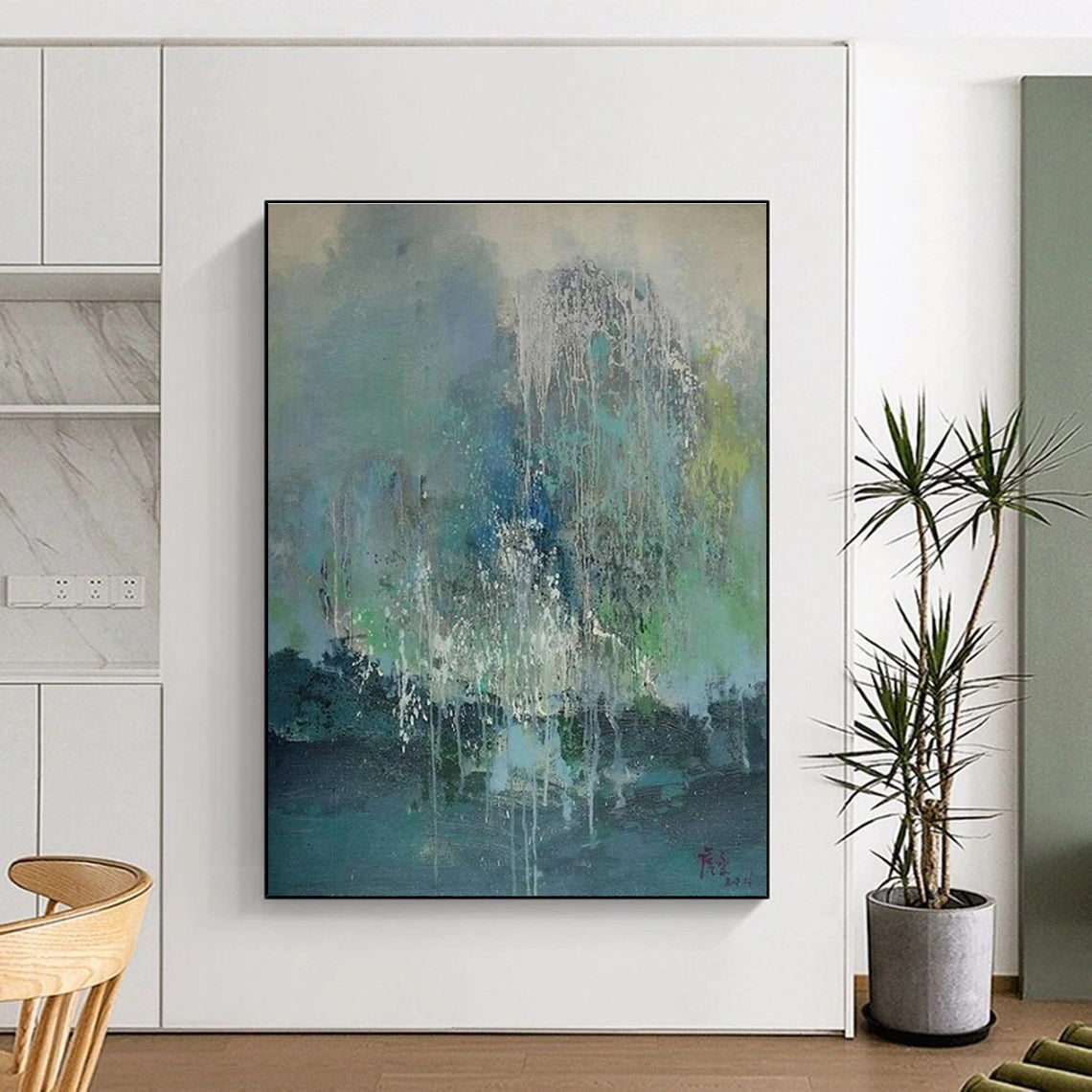 Hand Painted Art Teal and White Abstract Rainy Scene, Acrylic Modern Art Painting PT537