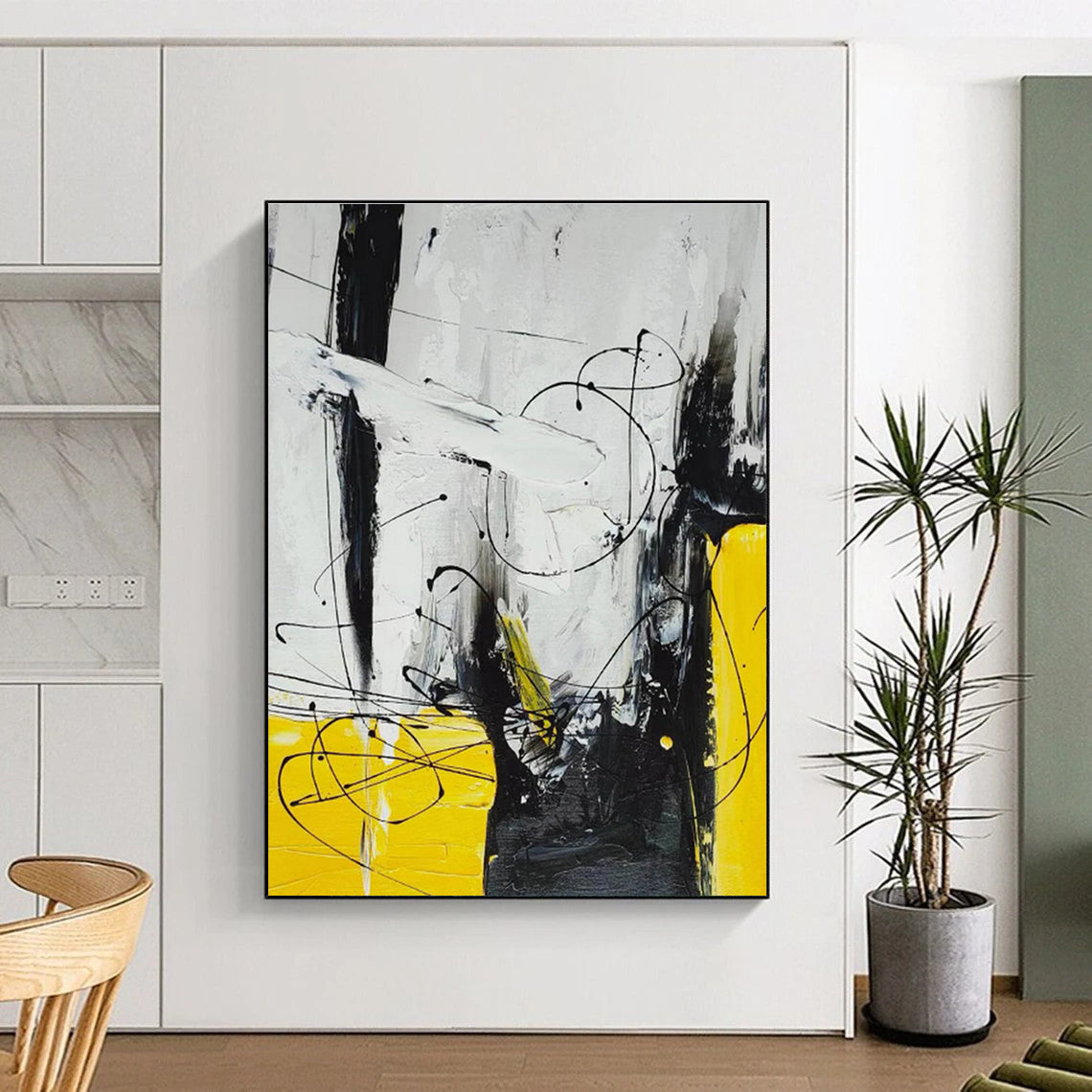 Unique Abstract Art Black White Yellow Textured Abstract Art PT405