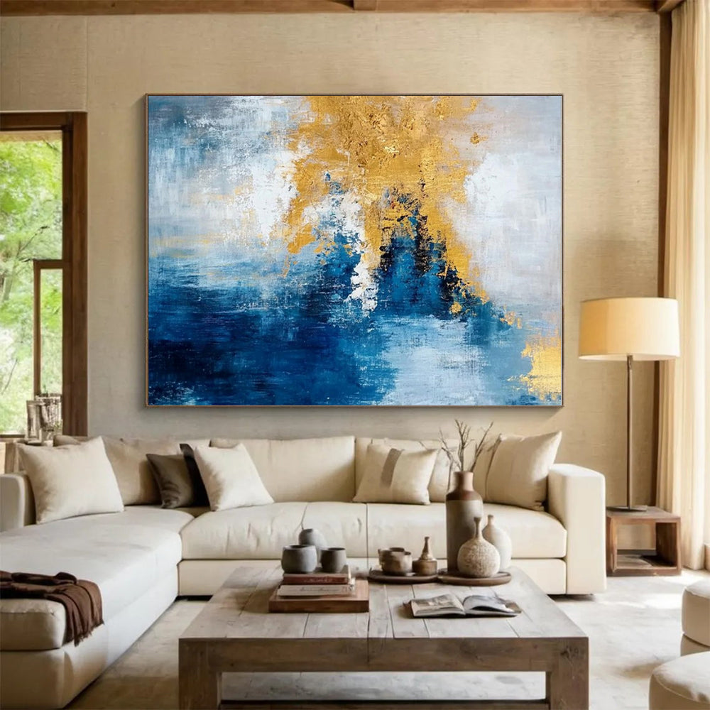 Acrylic Modern Art Paintings Blue, Gold, and White Abstract Art PT654