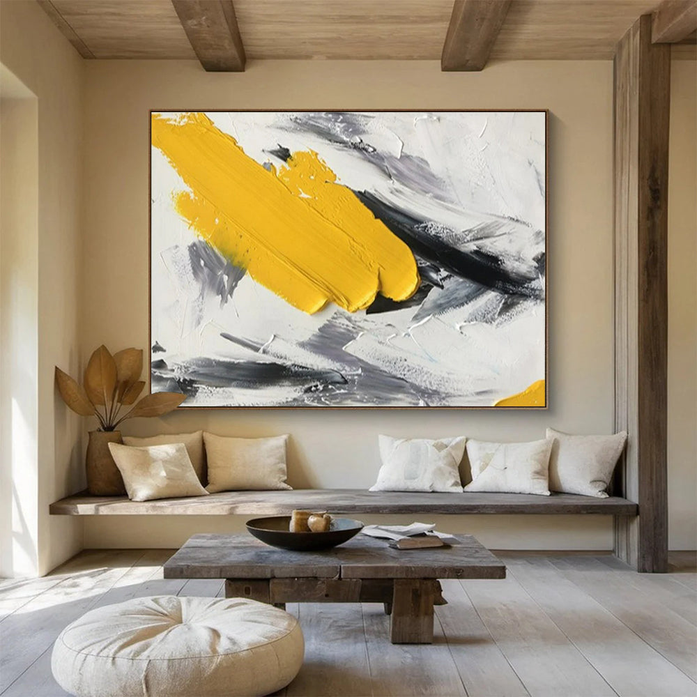 Large Contemporary Wall Art Yellow, Black, and White Textured Abstract Art HPS336