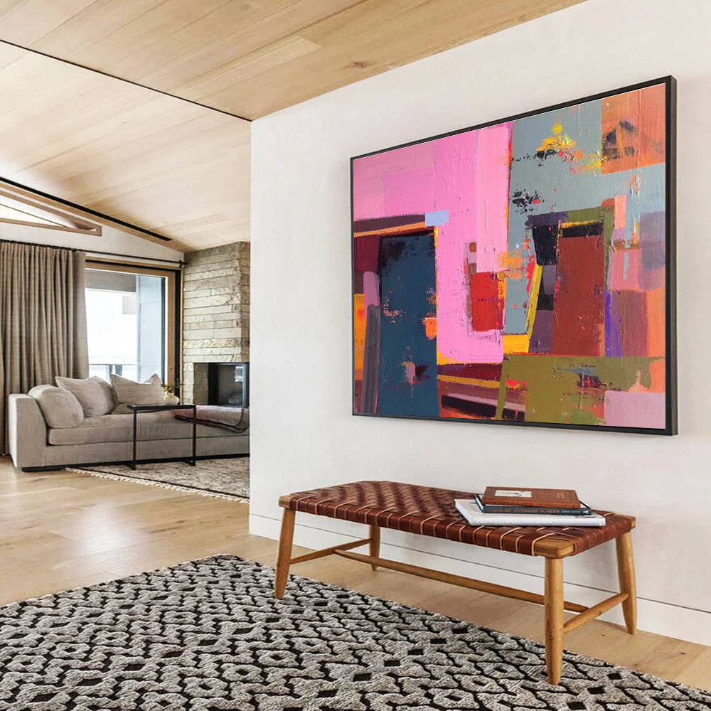 Acrylic Modern Art Paintings Pink, Teal & Brown Abstract Geometric Art HPS165