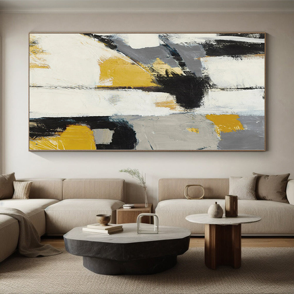 Modern Art Acrylic Gray, Yellow & Black Textured Abstract Painting On Canvas PT089