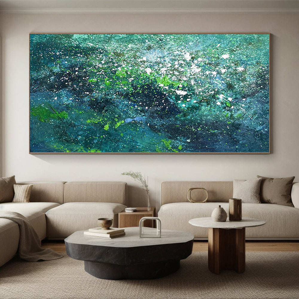 Acrylic Modern Art Paintings in Teal, Green, and White with Splattered Details PT015