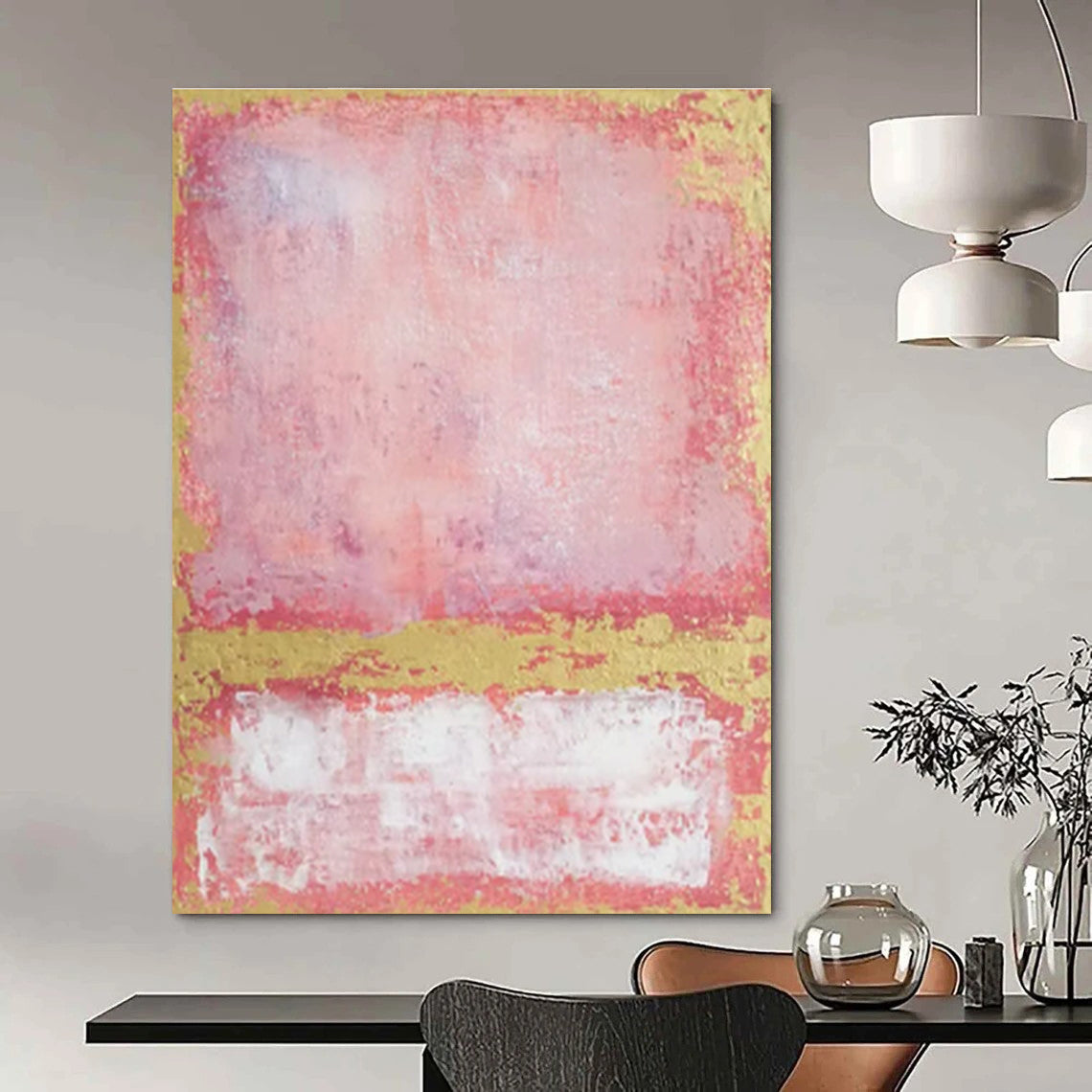 Hand-Painted Pink, Gold & White Abstract Color Block, Paintings For House DPS514