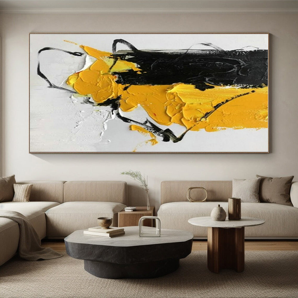 Hand Painted Art Black and Yellow Textured Abstract Composition, Acrylic Modern Art Painting PT521