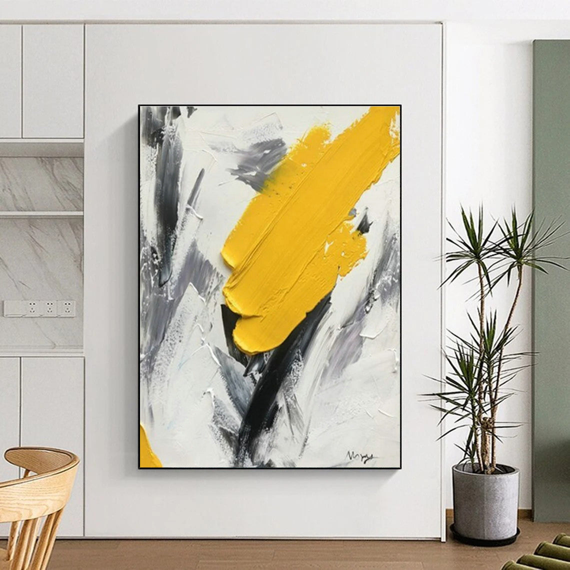 Hand-Painted Yellow and Gray Abstract Energetic Scene, Modern Art Acrylic PT524