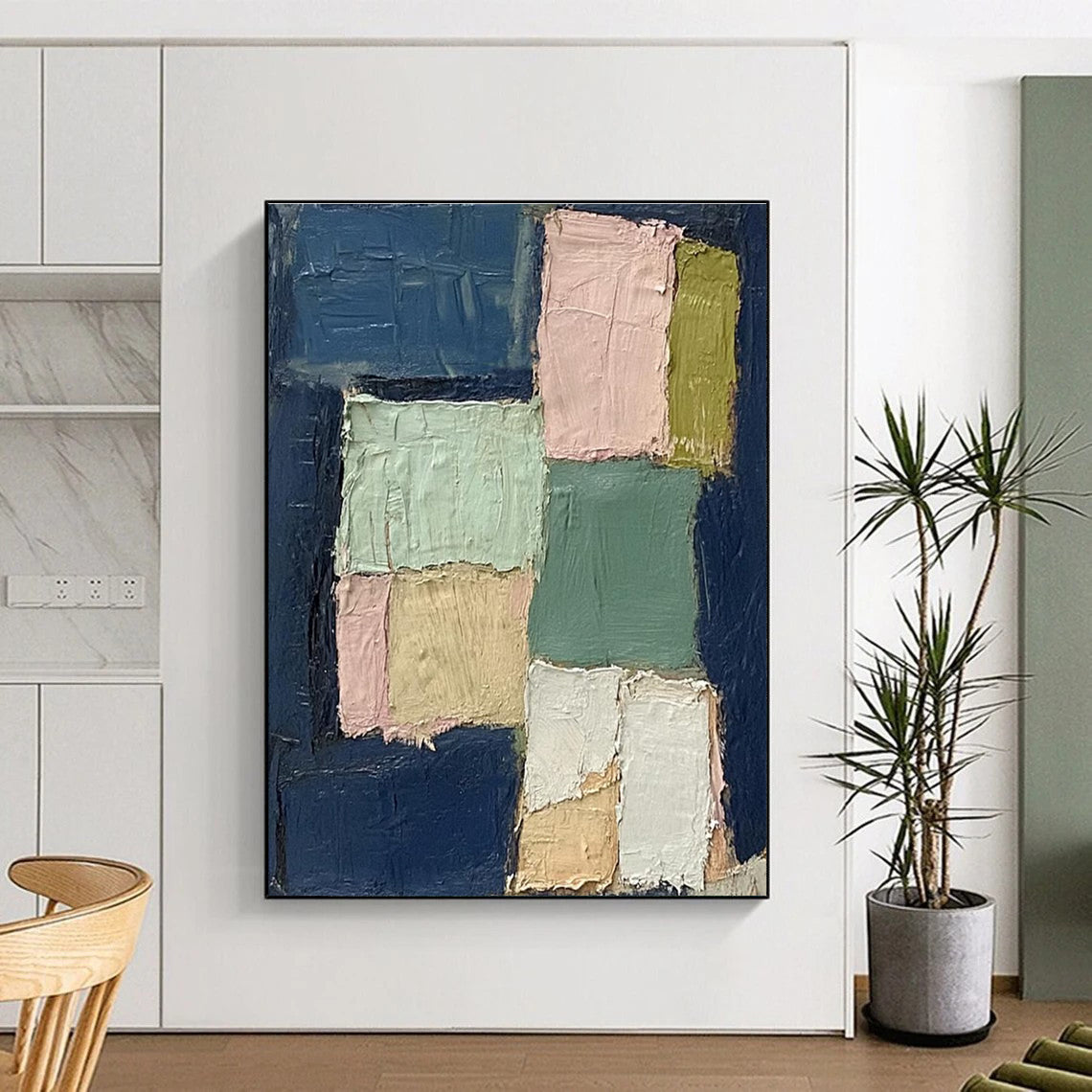 Handmade Art with Navy, Pink, Green, and Beige Textured Blocks, Paintings For House PT205