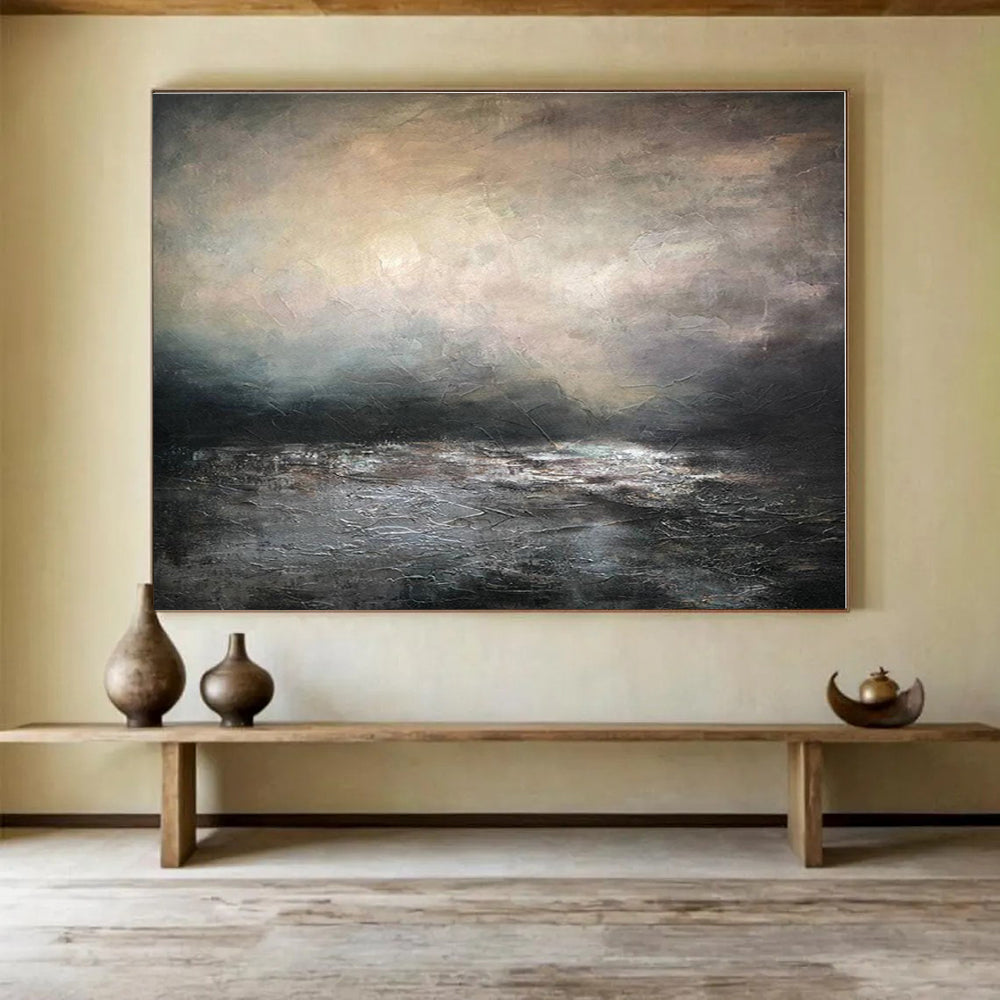 Hand Painting Gray & Black Moody Sea Abstract Art HPS142