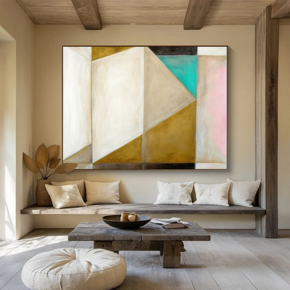 Unique Abstract Art Neutral Tones With Gold, Teal & Pink Geometric Abstract Painting On Canvas HPS072