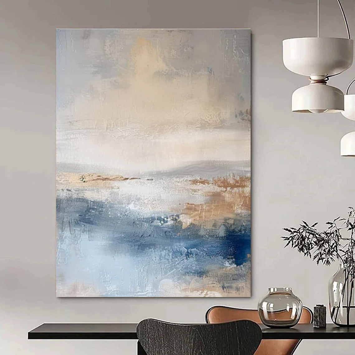 Huge Size Beige, Gray & Blue Abstract Landscape, Large Contemporary Wall Art DPS502