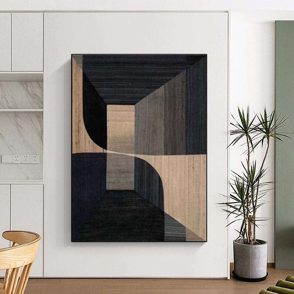 Unique Abstract Art in Black and Beige Geometric 3D Design, Handmade Art Piece PT328