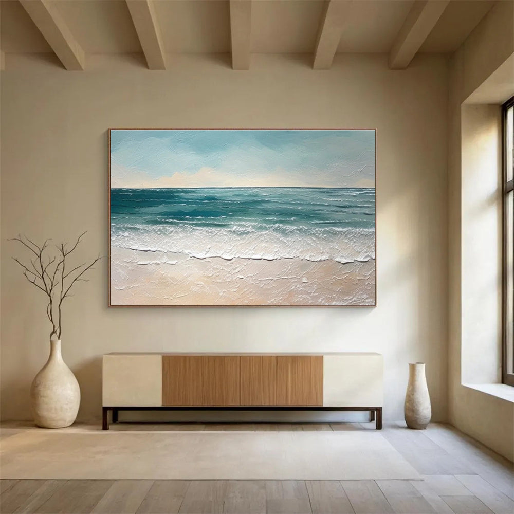 Modern Art Acrylic Teal & Beige Abstract Coastal Beach Art HPS199