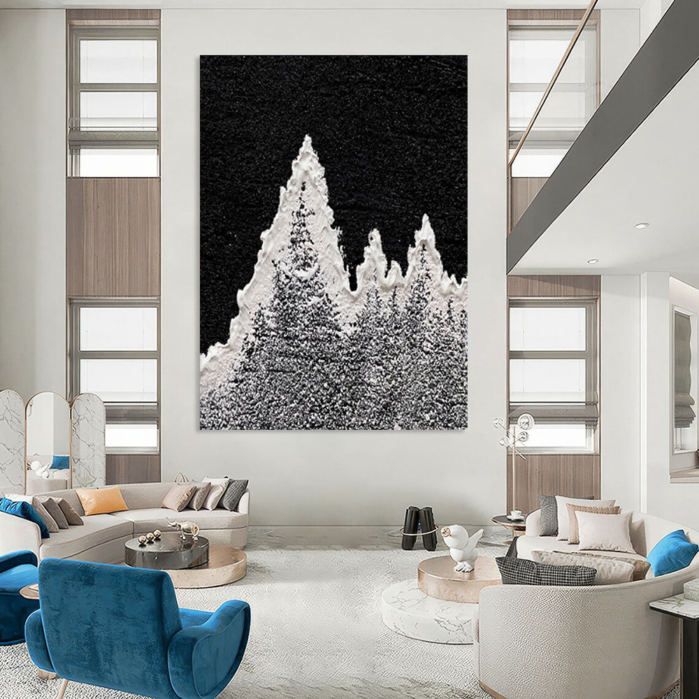 Large Painting In Living Room Black, White, and Gray Textured Abstract Mountain Art DPS460
