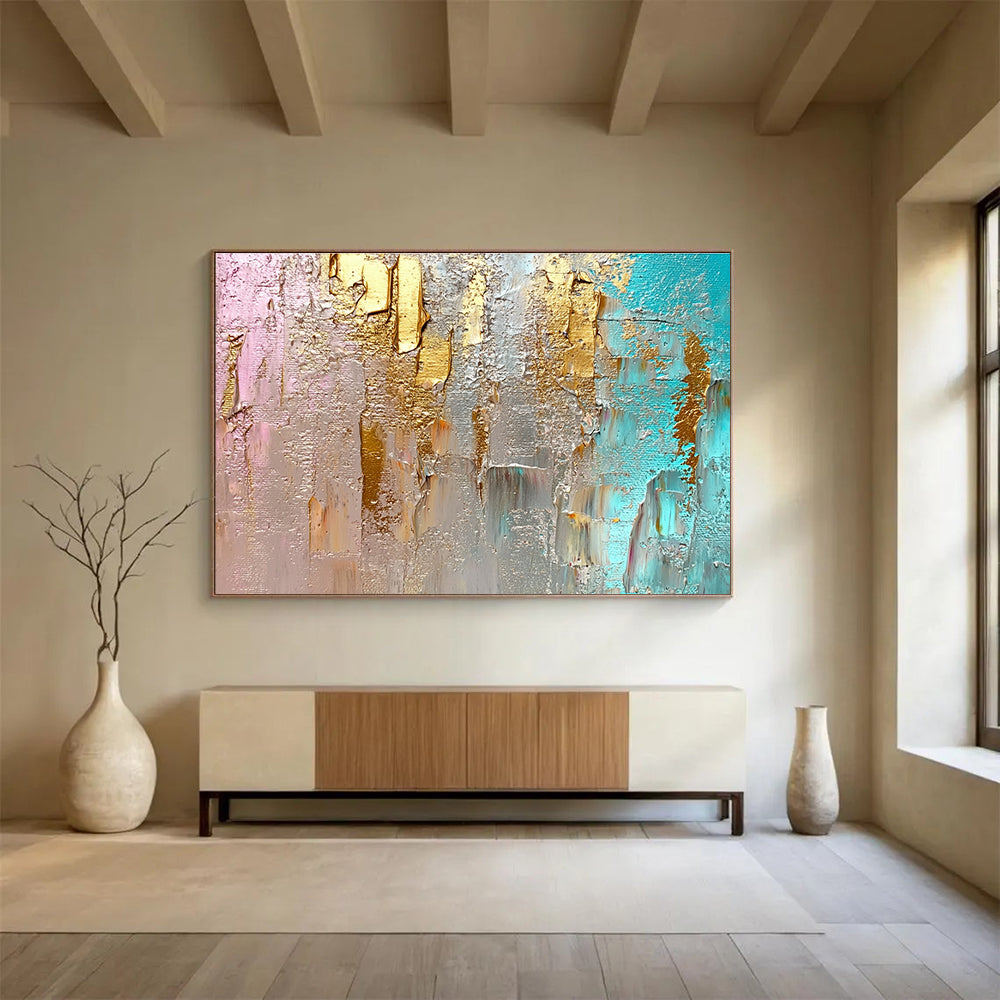 Unique Abstract Art Pink, Gold, Teal & Gray Textured Abstract Painting HPS276