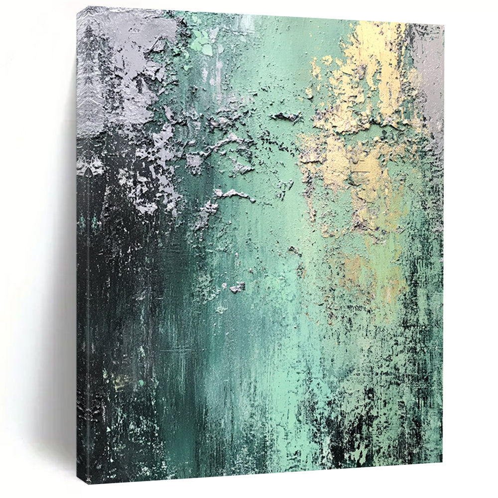 Modern Large Abstract Canvas Painting With Green, Gray, Yellow Textured Layers On Canvas PT187