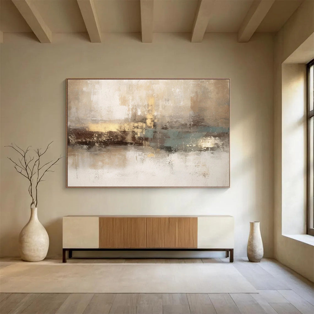 Hand-Painted Beige, Gold & Teal Abstract Textured Art HPS201