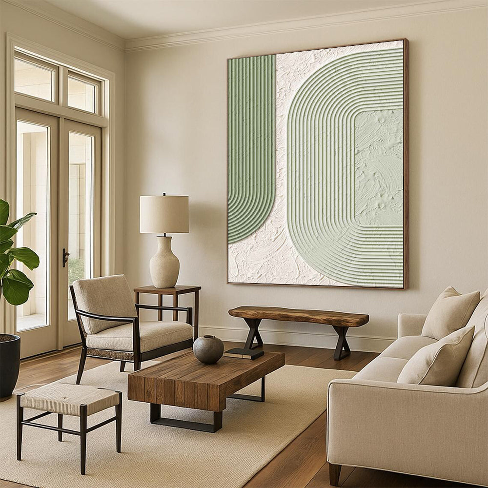 Oversized Abstract Wall Art Green & White Geometric Textured Abstract Painting On Canvas PT078