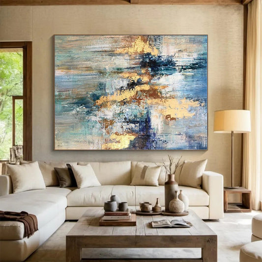 Oversized Abstract Wall Art Blue Gold Modern Acrylic Artwork PT440