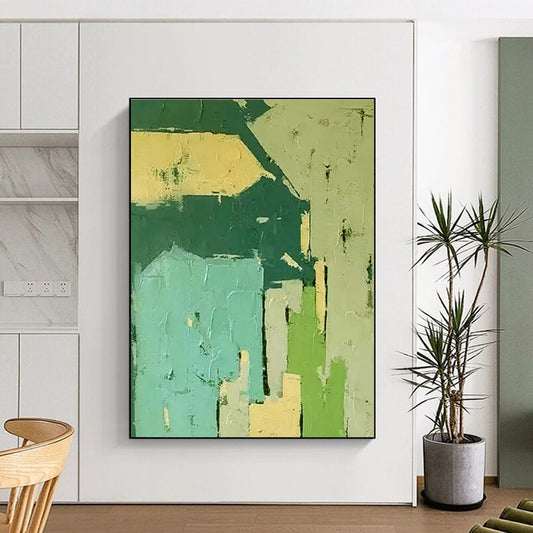 Handmade Art Green, Teal, and Beige Geometric Abstract Art PT799