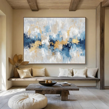 Oversized Abstract Wall Art Blue, Gray, Gold & White Textured Abstract Painting HPS263