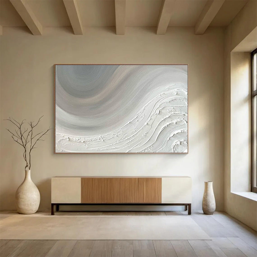 Huge Size White and Gray Textured Abstract Wave Art HPS343