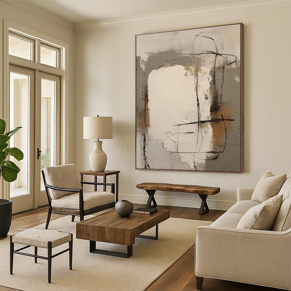 Modern Art Acrylic Gray Beige Black Line Abstract Art for House PT484