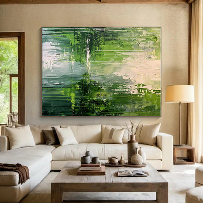 Hand-Painted Large Abstract Painting For Living Room With Green, White Textured Landscape-Inspired On Canvas PT200